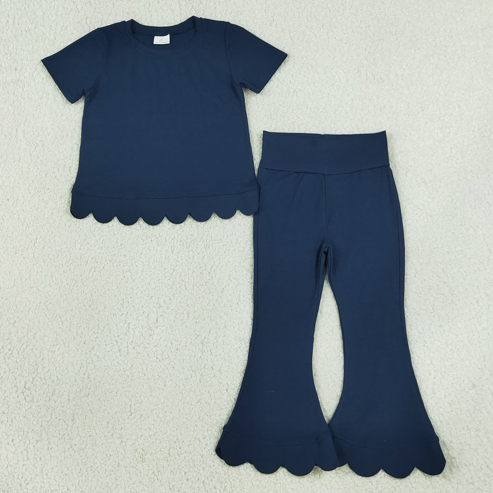 Baby Girls Clothes Navy Short Sleeve Top Bell Bottom Pant Scallop Clothes Sets GSPO2343