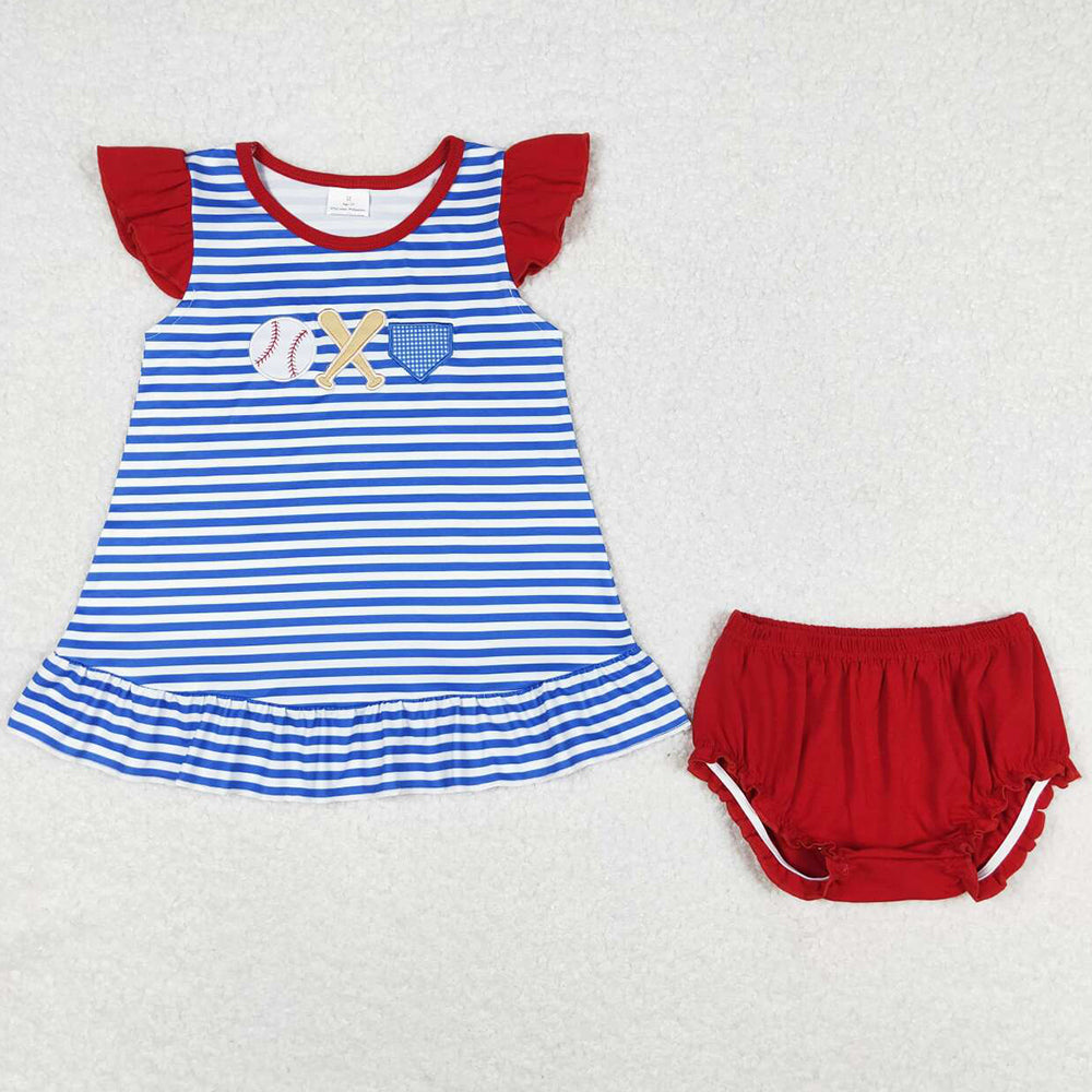 Baby Girls Clothes Blue Stripes Baseball Tunic Top Bummies Sets GBO0354