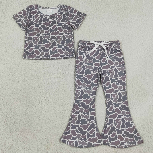Baby Girls Clothes Short Sleeve Camo Shirts Top Bell Bottom Pant Clothes Sets GSPO1889