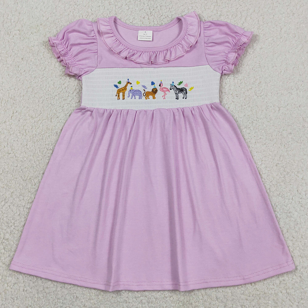 Baby Girls Dress Smocked Animals Pink Short Ruffle Sleeve Knee Length Dresses GSD3578