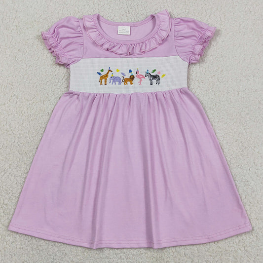 Baby Girls Dress Smocked Animals Pink Short Ruffle Sleeve Knee Length Dresses GSD3578