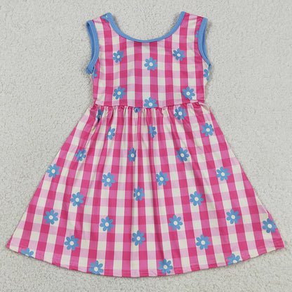 Baby Girls Dress Sleeveless Pink Checked Flowers Back Bow Knee Length Dresses GSD4007