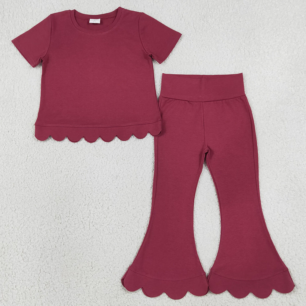 Baby Girls Clothes Red Short Sleeve Shirts Top Flare Pant Scallop Clothes Sets GSPO2341