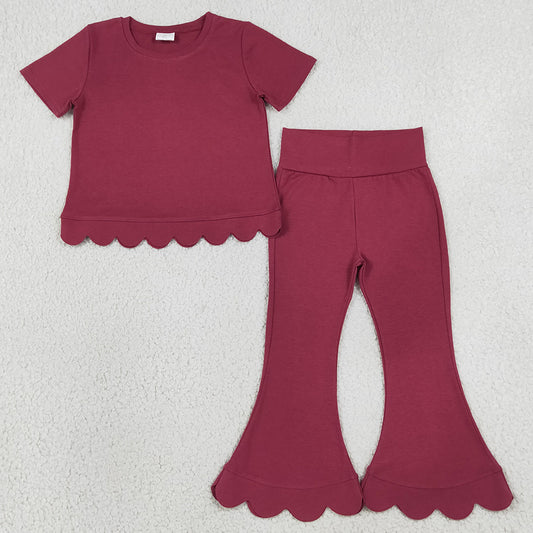 Baby Girls Clothes Red Short Sleeve Shirts Top Flare Pant Scallop Clothes Sets GSPO2341