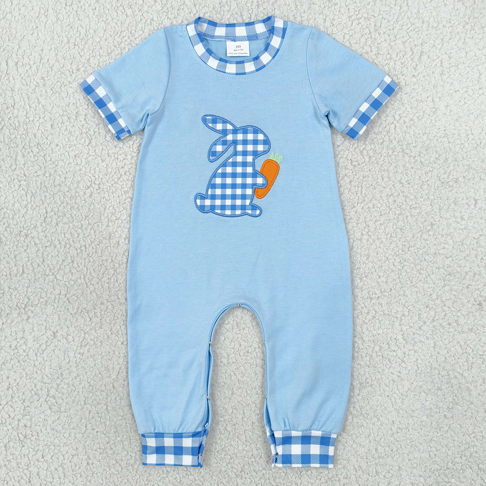 Baby Boys Rompers Embroidery Rabbit Carrots Blue Checked Easter Pant Rompers SR4297