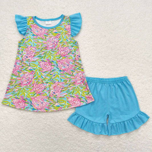 Baby Girls Clothes Sibling Ottfits Blue Turtle Tunic Ruffle Shorts Boys Sets BSSO0846 GSSO1095