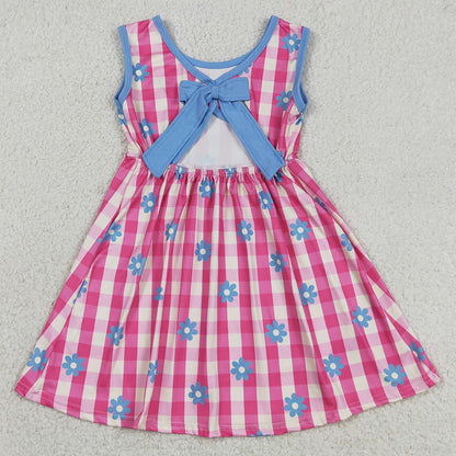 Baby Girls Dress Sleeveless Pink Checked Flowers Back Bow Knee Length Dresses GSD4007