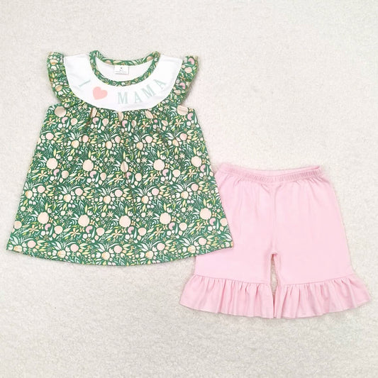 Baby Girls Clothes Flowers I Love Mama Tunic Ruffle Shorts Sets GSSO0913