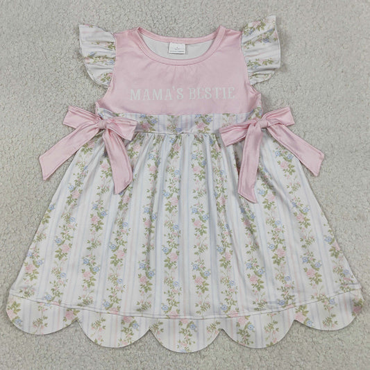 Baby Girls Dress Mama's Bestie Flowers Stripe Scallop Knee Length Dresses GSD2973