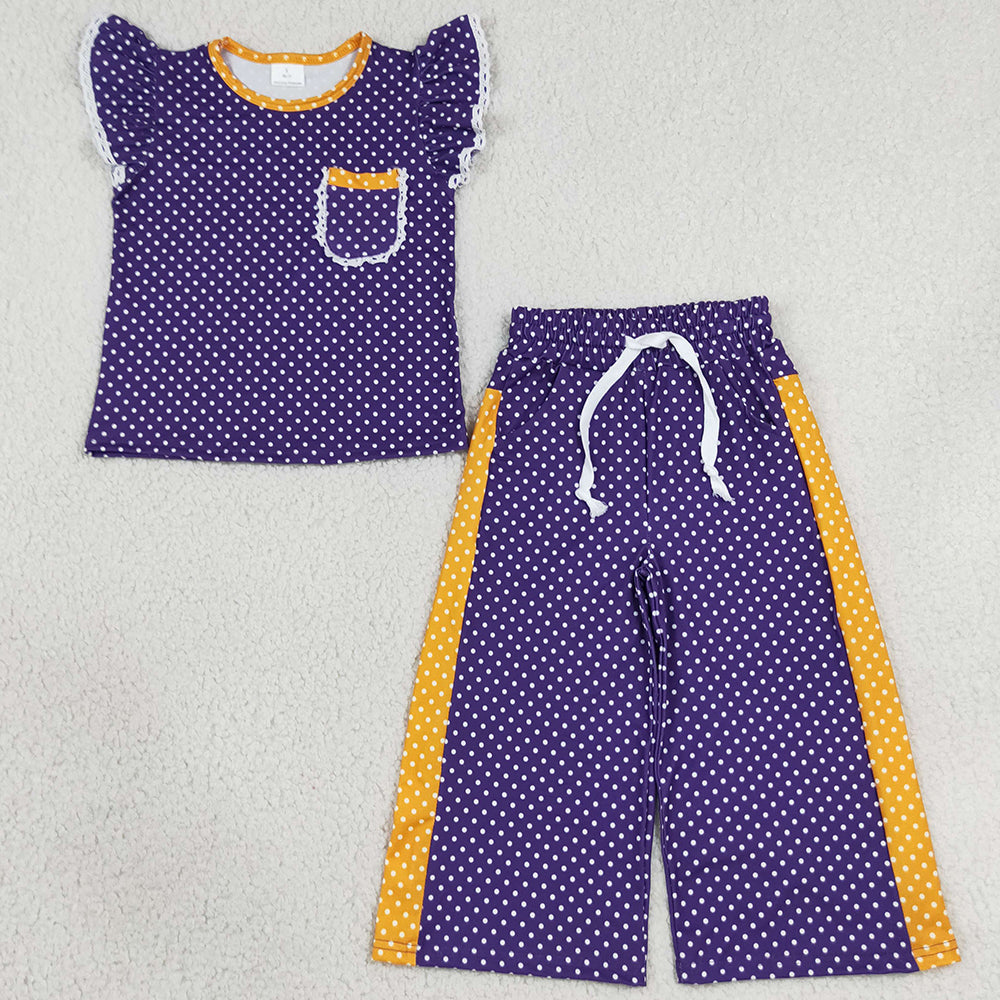 Baby Girls Clothes Orange Purple Polka Dots Pocket Top Flare Pant Clothes Set GSPO2366