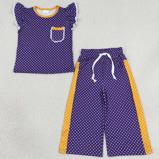 Baby Girls Clothes Orange Purple Polka Dots Pocket Top Flare Pant Clothes Set GSPO2366