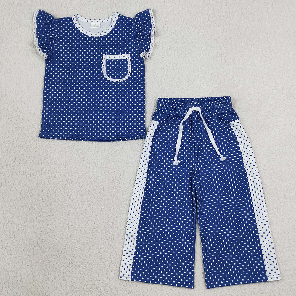 Baby Girls Clothes Blue Polka Dots Pocket Top Flare Pant Clothes Sets GSPO2372