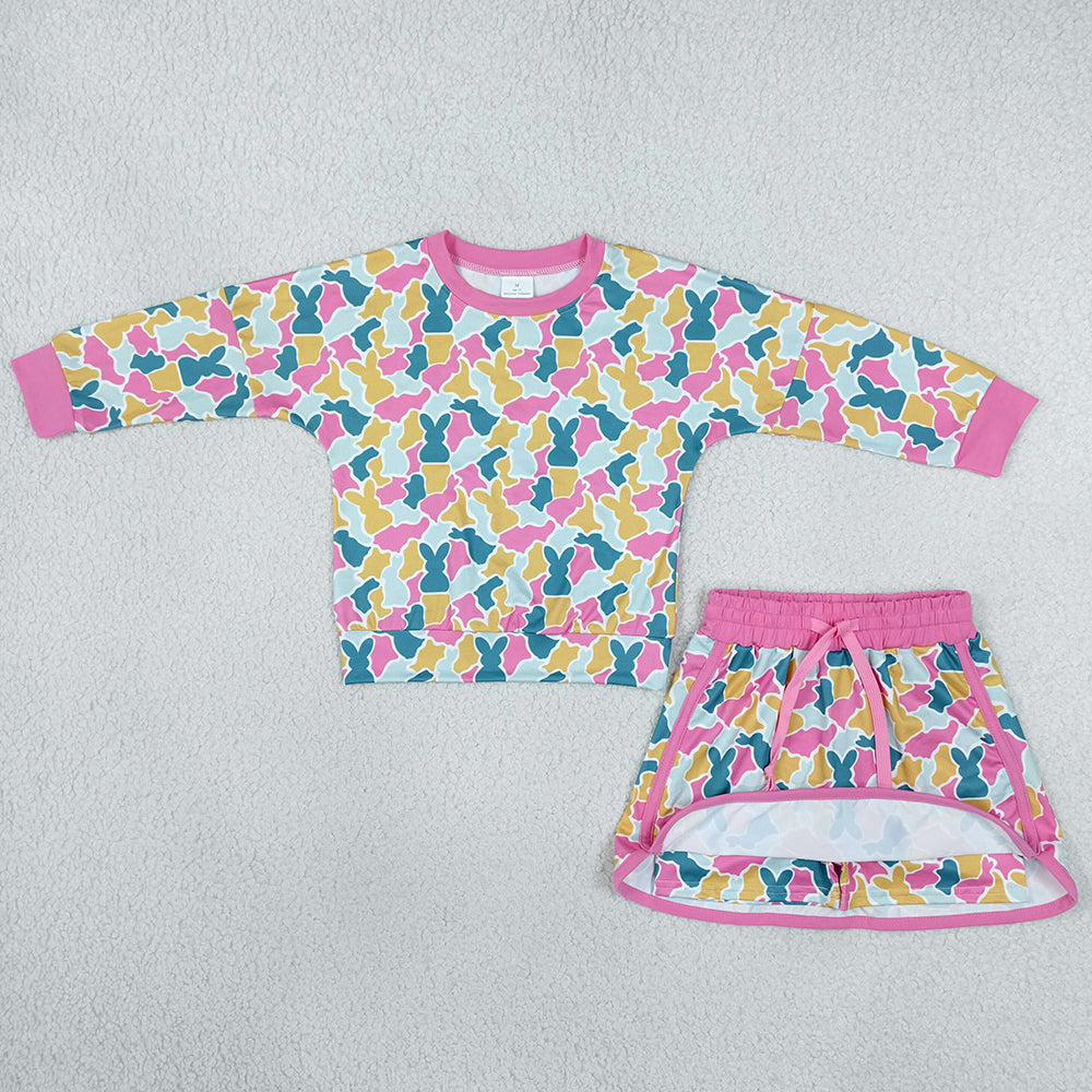 Baby Girls Long Sleeve Rabbits Camo Top Skirt Short Easter Clothes Set GLD1825