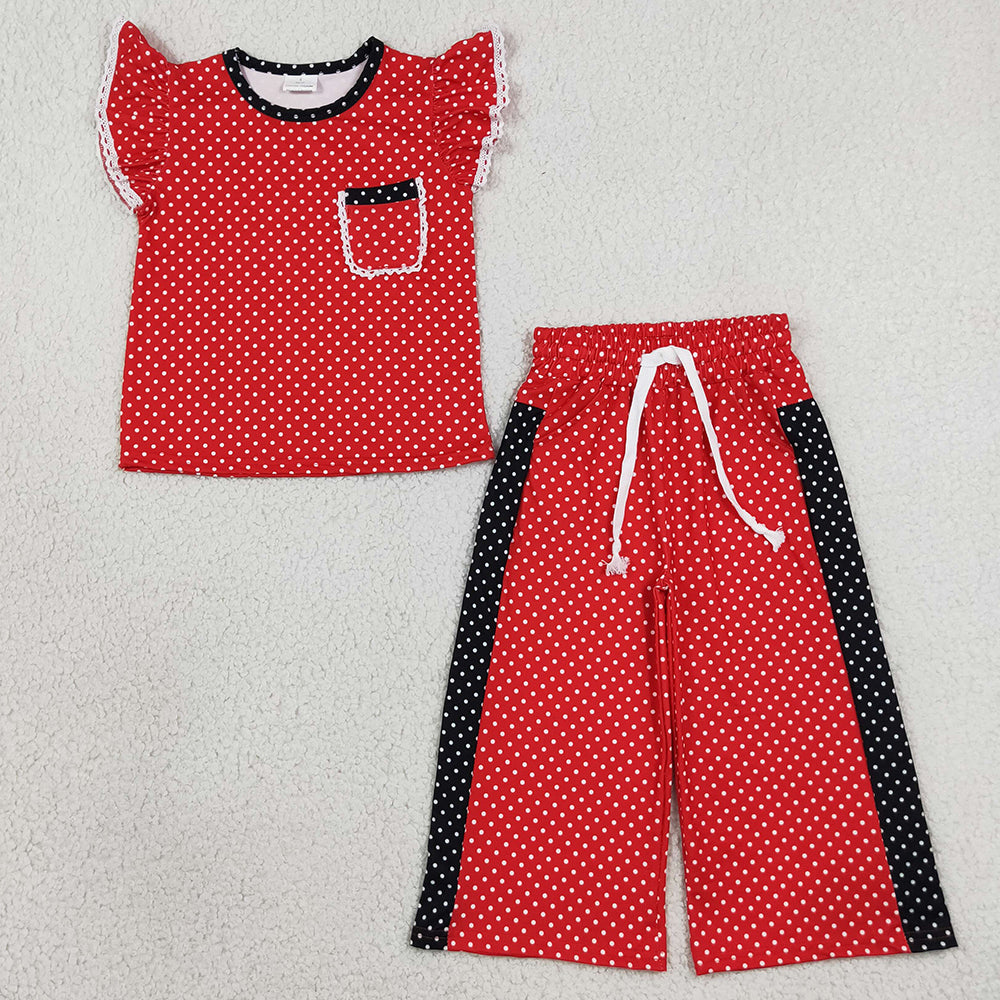 Baby Girls Clothes Red Black Polka Dots Pocket Top Flare Pant Clothes Set GSPO2370
