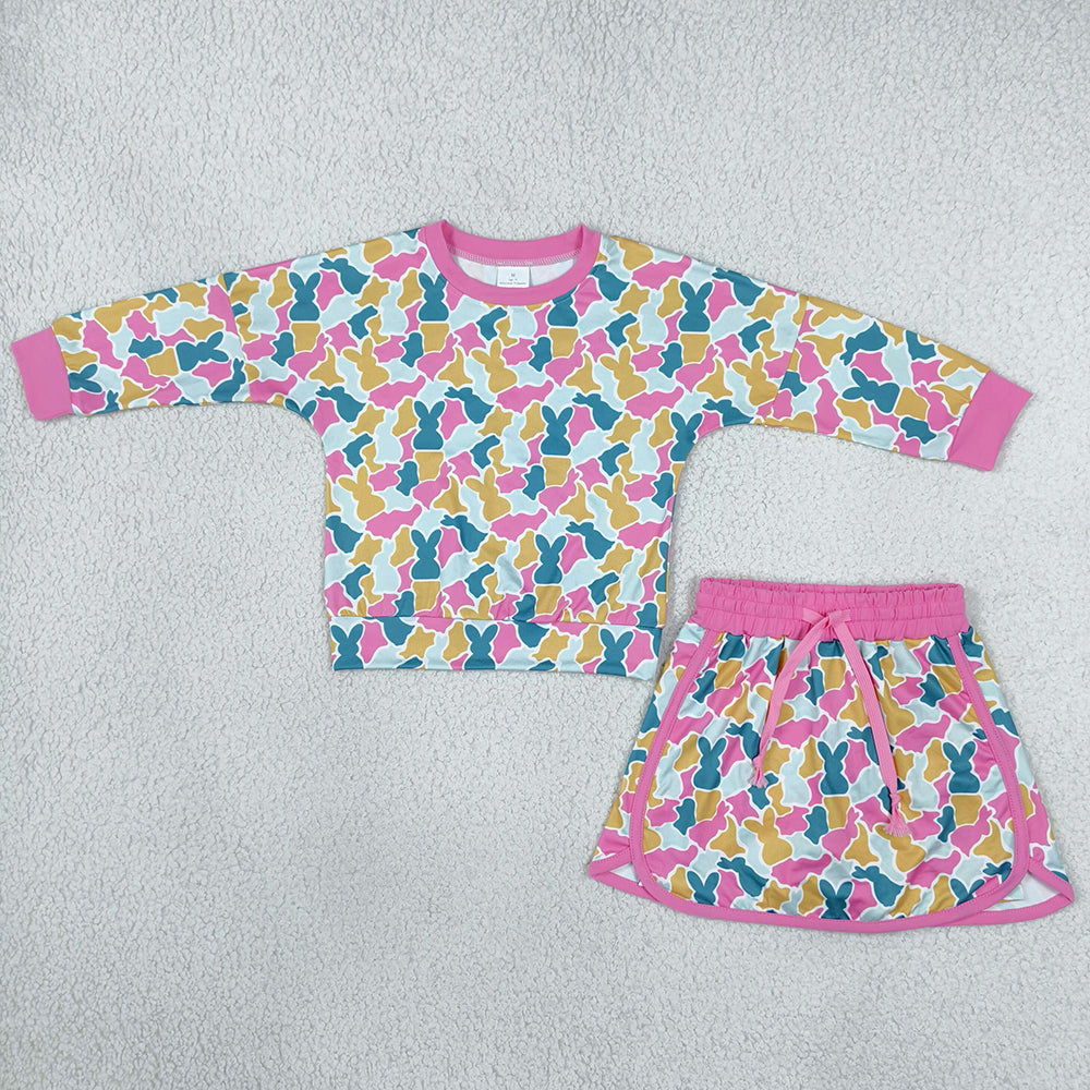 Baby Girls Long Sleeve Rabbits Camo Top Skirt Short Easter Clothes Set GLD1825