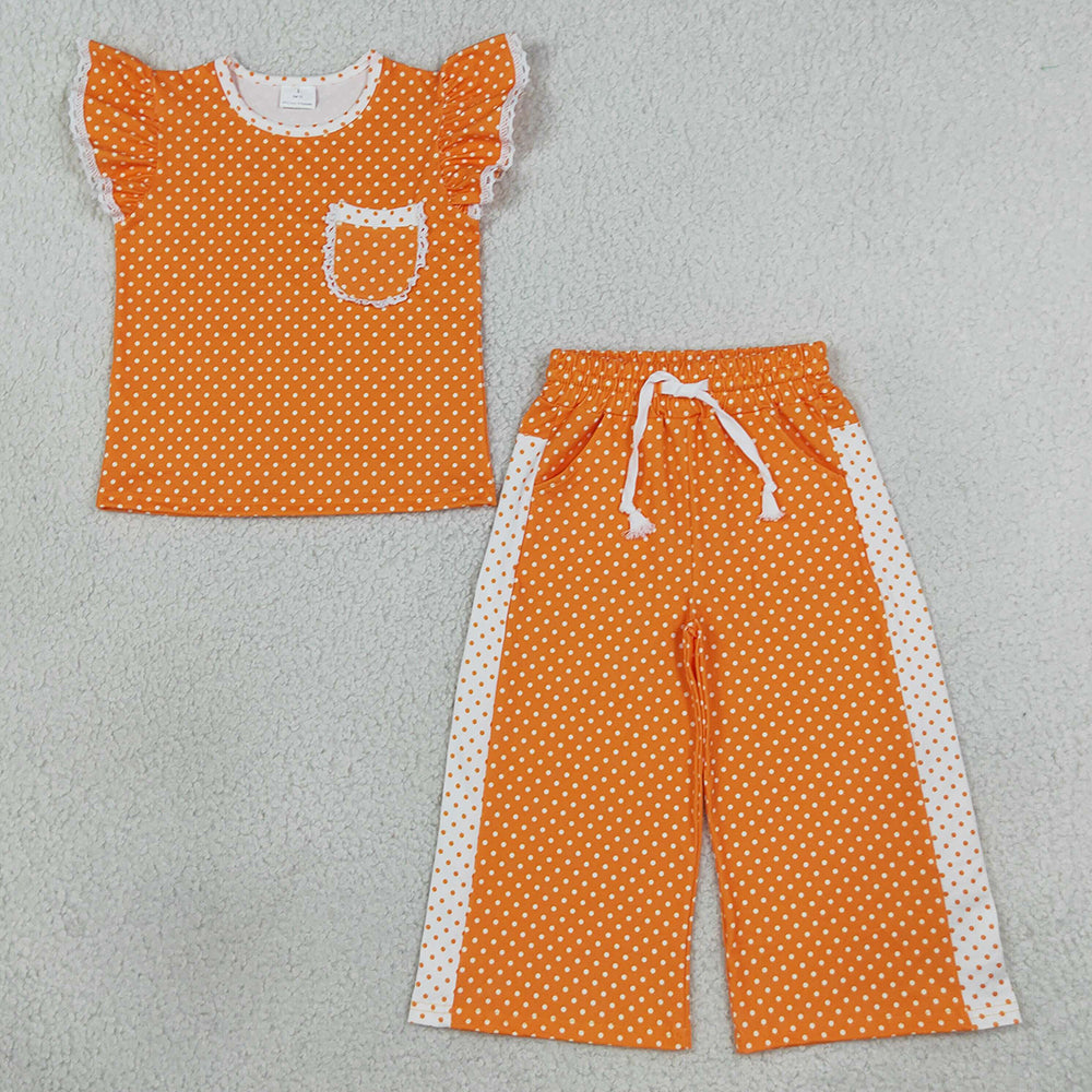 Baby Girls Clothes Orange White Polka Dots Pocket Top Flare Pant Clothes Set GSPO2367