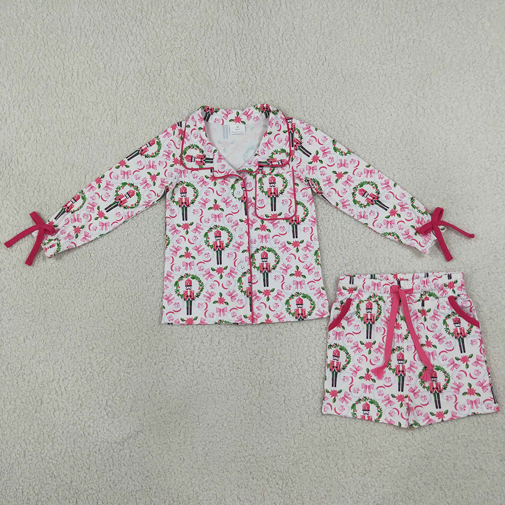 Baby Girls Clothes Bows Soldiers Button Top Pocket Shorts Christmas Pajamas Sets GLS0173