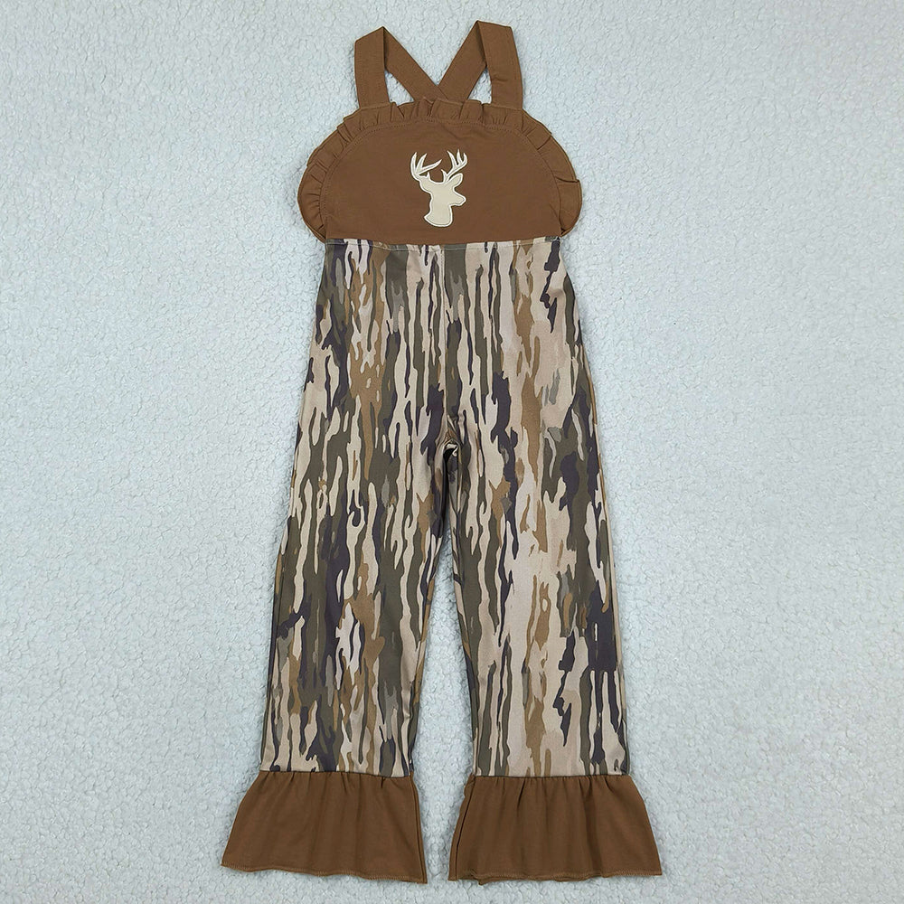 Baby Girls Clothes Embroidery Deer Strap Southern Olive Camo Hunting Jumpsuits SR4047