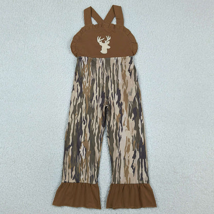 Baby Girls Clothes Embroidery Deer Strap Southern Olive Camo Hunting Jumpsuits SR4047