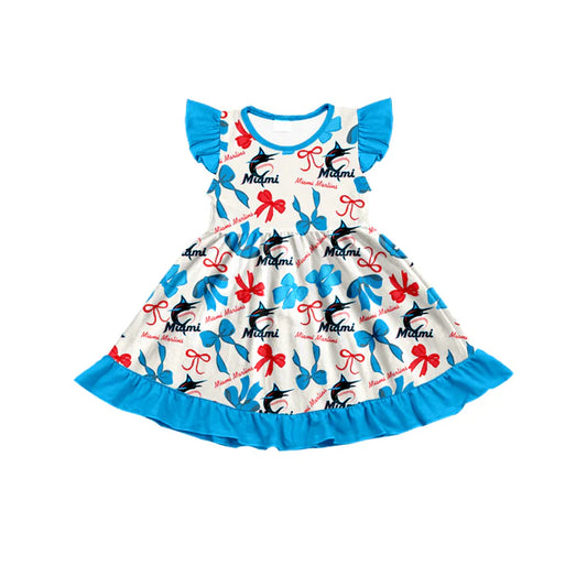 Preorder (moq 5) flutter sleeves M light blue bows girls team dress 8.22