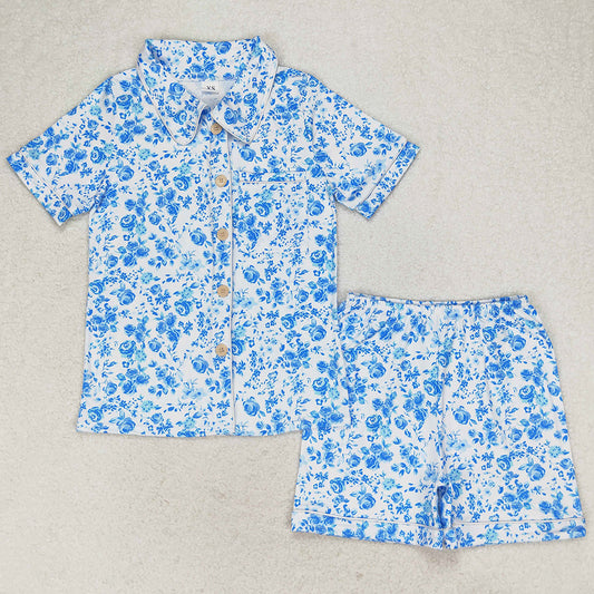 Adult Women Pajamas Blue Color Flowers Short Sleeve Buttons Tee Shorts Pajamas Sets GSSO1148