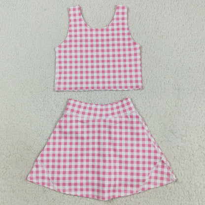 Baby Girls Clothes Sleeveless Pink Checked Vest Top Skorts Yoga Clothes Set GSD2786 8.9