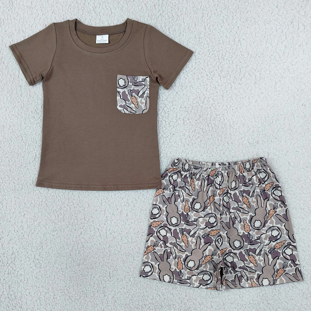 Baby Boys Clothes Brown Camo Rabbits Pocket Top Short Easter Clothes Set BSSO2044