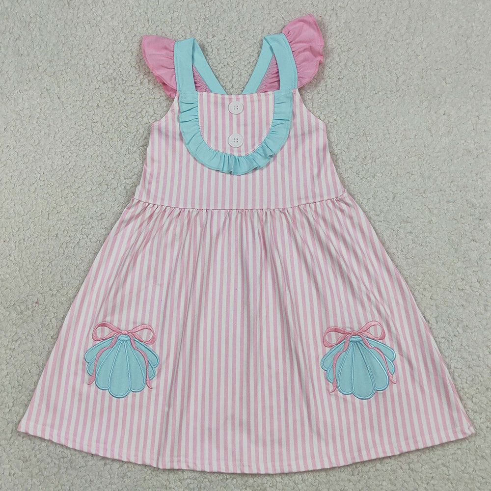 Baby Girls Dress Embroidery Bow Shells Pink Stripe Button Knee Length Dresses GSD3958
