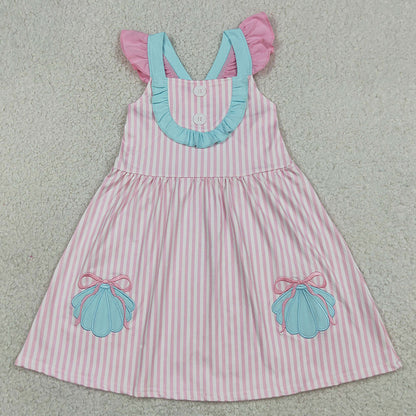 Baby Girls Dress Embroidery Bow Shells Pink Stripe Button Knee Length Dresses GSD3958