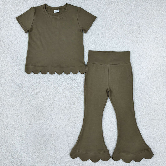 Baby Girls Olive Short Sleeve Top Flare Pant Scallop Clothes Sets GSPO2342