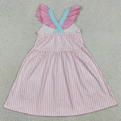 Baby Girls Dress Embroidery Bow Shells Pink Stripe Button Knee Length Dresses GSD3958