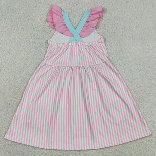 Baby Girls Dress Embroidery Bow Shells Pink Stripe Button Knee Length Dresses GSD3958