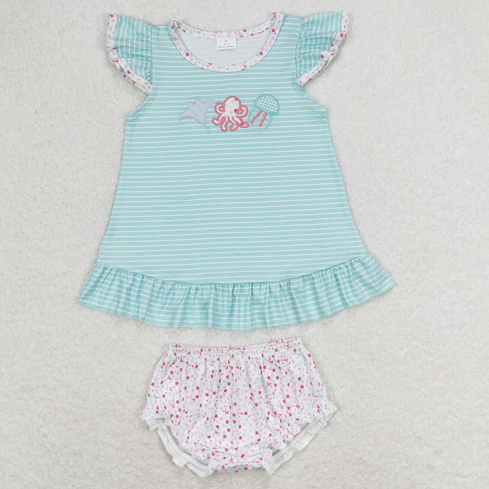 Baby Girls Clothes Octopus Blue Stripes Tunic Top Bummies Sets GBO0316