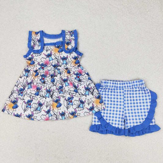 Summer Baby Girls Clothes Blue Tunic Top Ruffle Shorts Sets GSSO1040