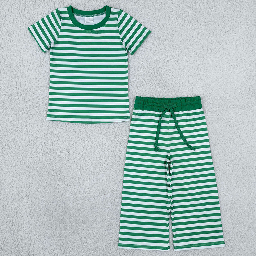Baby Girls Clothes Short Sleeve Green Stripe Top Flare Pant Pajamas Clothes Sets GSPO2383
