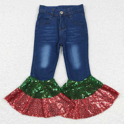 Baby Girls Jeans Christmas Denim Sequin Bell Bottom Pants P0113