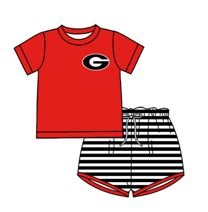 Preorder (moq 5)Baby Boys Red G Top Black Stripe Shorts Team Clothes Sets 12.27