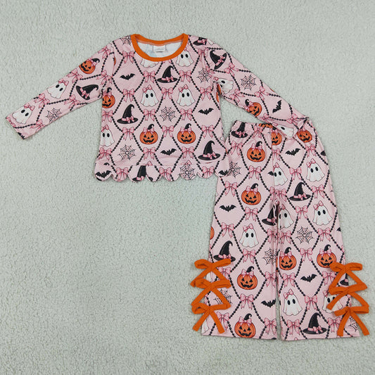 Baby Girls Clothes Ghost Pumpkins Scallop Top Bows Pants Halloween Clothes Set GLP3434