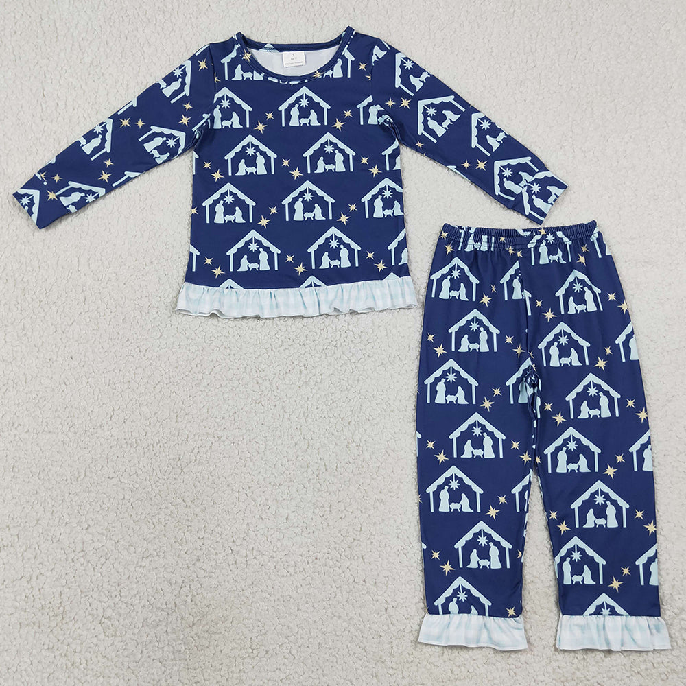 Baby Girls Clothes Blue Stars Nativity Top Ruffle Pant Pajamas Clothes Sets GLP3659