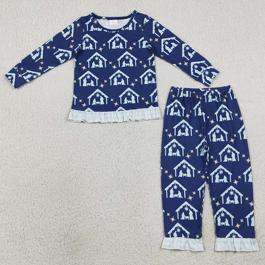 Baby Girls Clothes Blue Stars Nativity Top Ruffle Pant Pajamas Clothes Sets GLP3659
