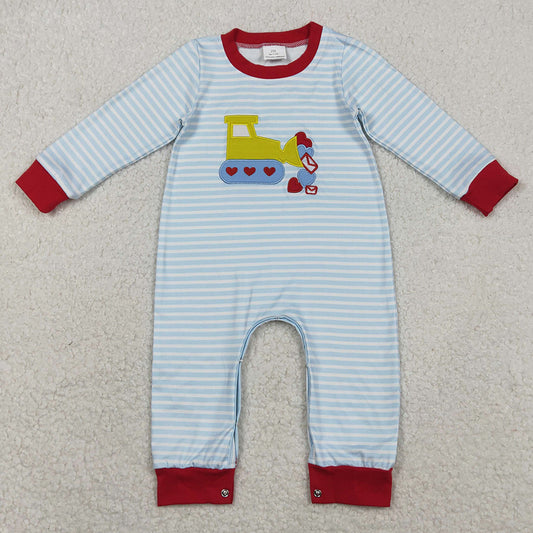 Baby Boys Rompers Embroidery Hearts Excavator Blue Stripe Valentines Footie Rompers LR2708 11.22