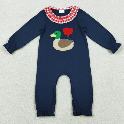 Baby Girls Rompers Embroidery Heart Ducks Valentines Collar Ruffle Footie Rompers LR2720 LR2721 11.21