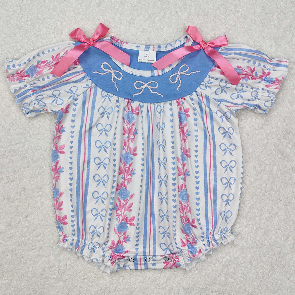 Baby Infant Girls Rompers Blue Pink Bows Short Sleeve Rompers SR2131