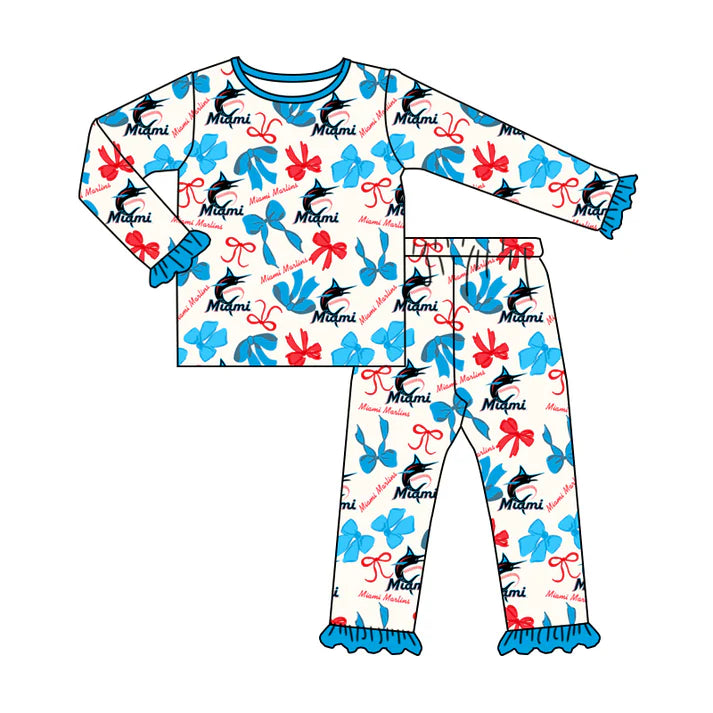 Preorder MOQ 5 Long sleeves M light blue bow kids girls team pajamas 8.25