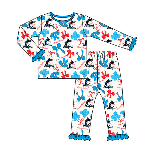 Preorder MOQ 5 Long sleeves M light blue bow kids girls team pajamas 8.25