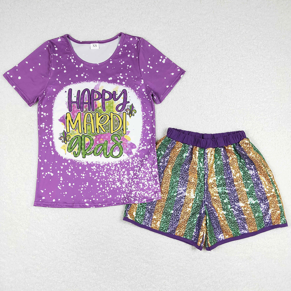 Adult Women Clothes Purple Mardi Gras Shirts Sequin Shorts Sets GSSO0529