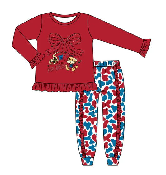 Preorder (moq 5)Baby Girls Red Ole Miss Team Top Ruffle Pants Outfits Sets 8.11