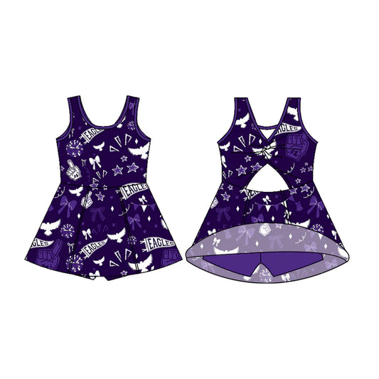 Preorder (moq 5)Baby Girls Sleeveless Purple Eagles Bows Football Team Shorts Dresses 7.11