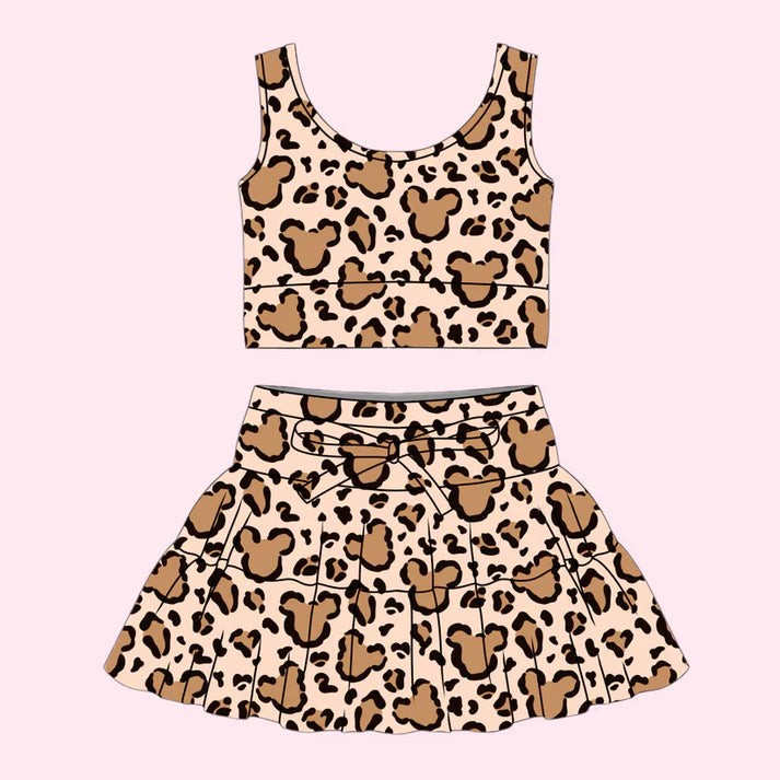 Preorder (moq 5)Baby Girls Cartoon Mouses Leopard Vest Top Skirt Shorts Clothes Set 1.7