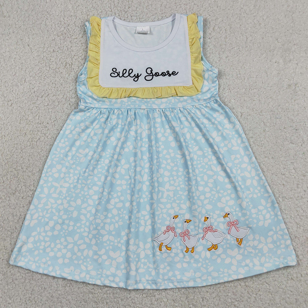 Baby Girls Dress Embroidery Silly Gooses Sleeveless Flowers Knee length Dresses GSD2970
